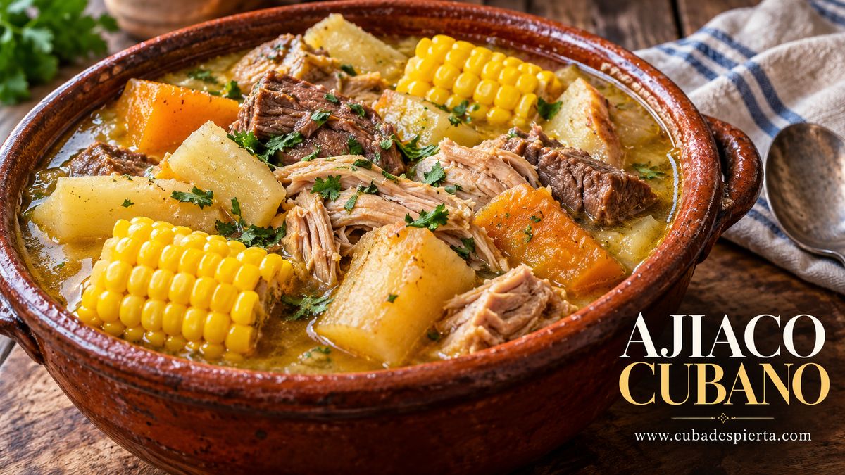 Cazuela de barro con ajiaco cubano humeante, con mazorcas de maíz, viandas y trozos de carne