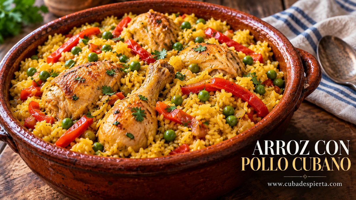 Fuente de arroz con pollo cubano amarillo con muslos dorados, chícharos y pimientos rojos