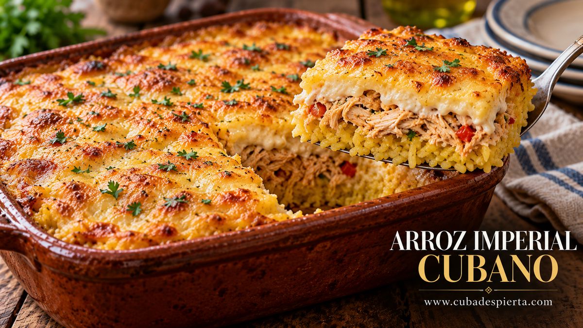Fuente de arroz imperial cubano gratinado con una porción servida mostrando las capas