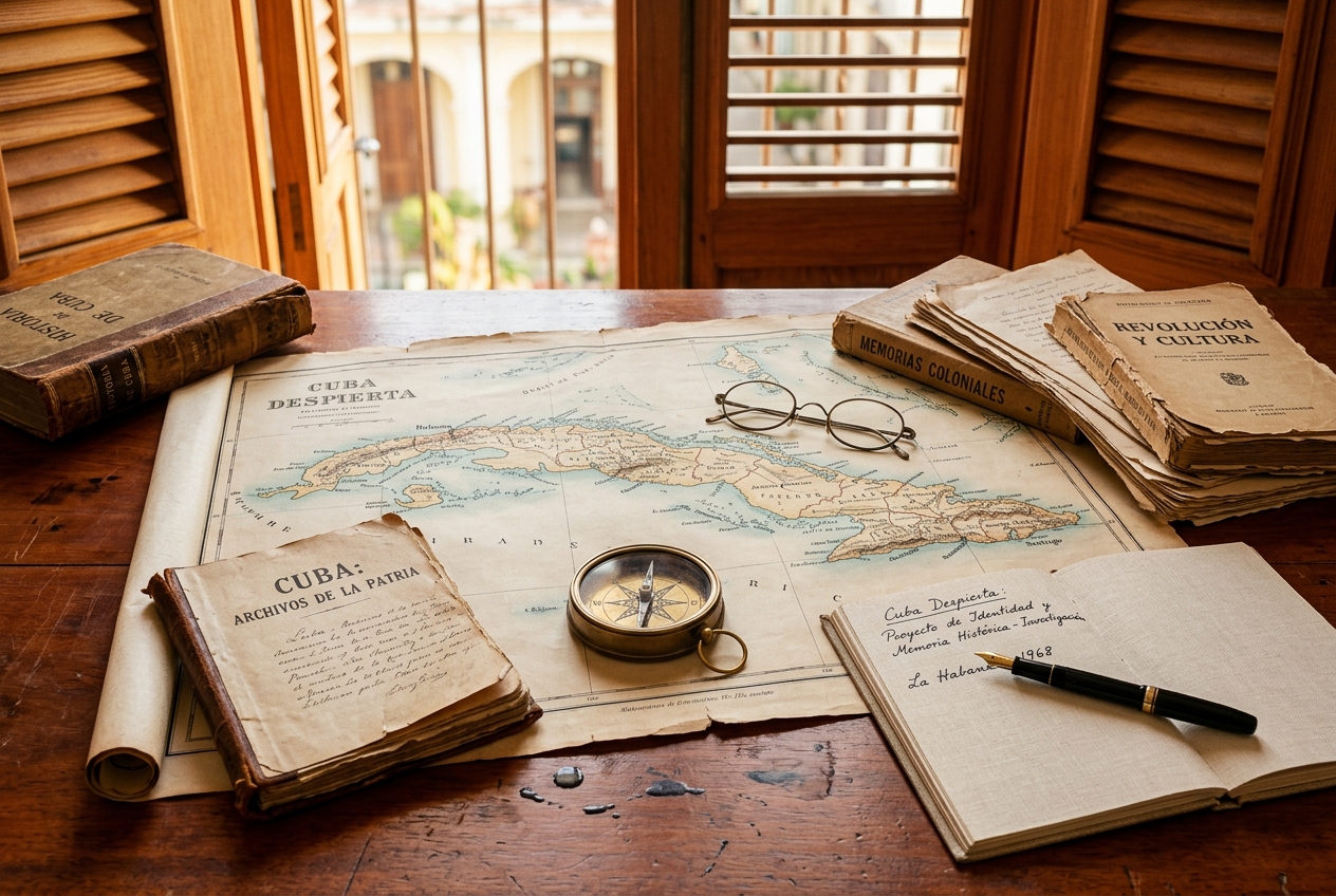 Mesa de estudio y archivo con mapa histórico de Cuba, libros antiguos, brújula y notas del proyecto Cuba Despierta