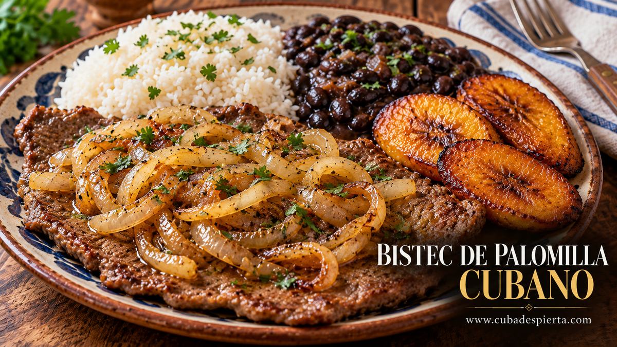 Bistec de palomilla cubierto de cebolla con arroz blanco, frijoles negros y plátanos maduros fritos