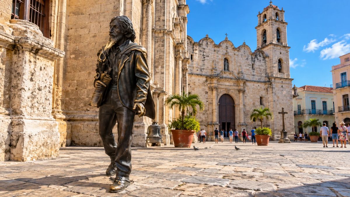 Ilustración de la estatua de bronce del Caballero de París caminando con su capa por una plaza de La Habana Vieja