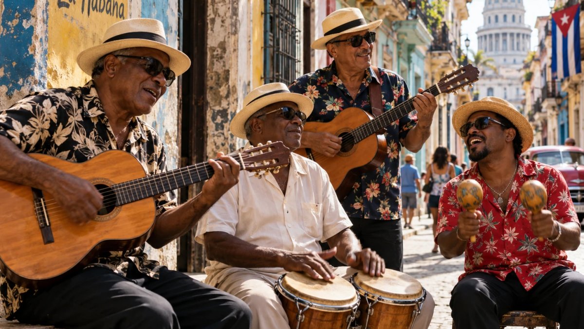 Cuatro músicos cubanos con sombrero de paja tocan guitarras, bongó y maracas en una calle de La Habana Vieja, con el Capitolio y una bandera cubana al fondo