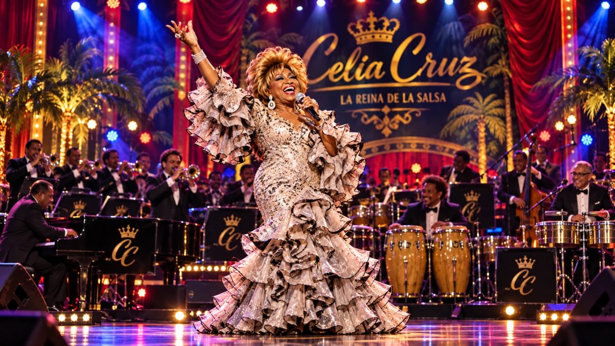 Ilustración de Celia Cruz, la reina de la salsa, cantando con vestido de volantes ante su orquesta