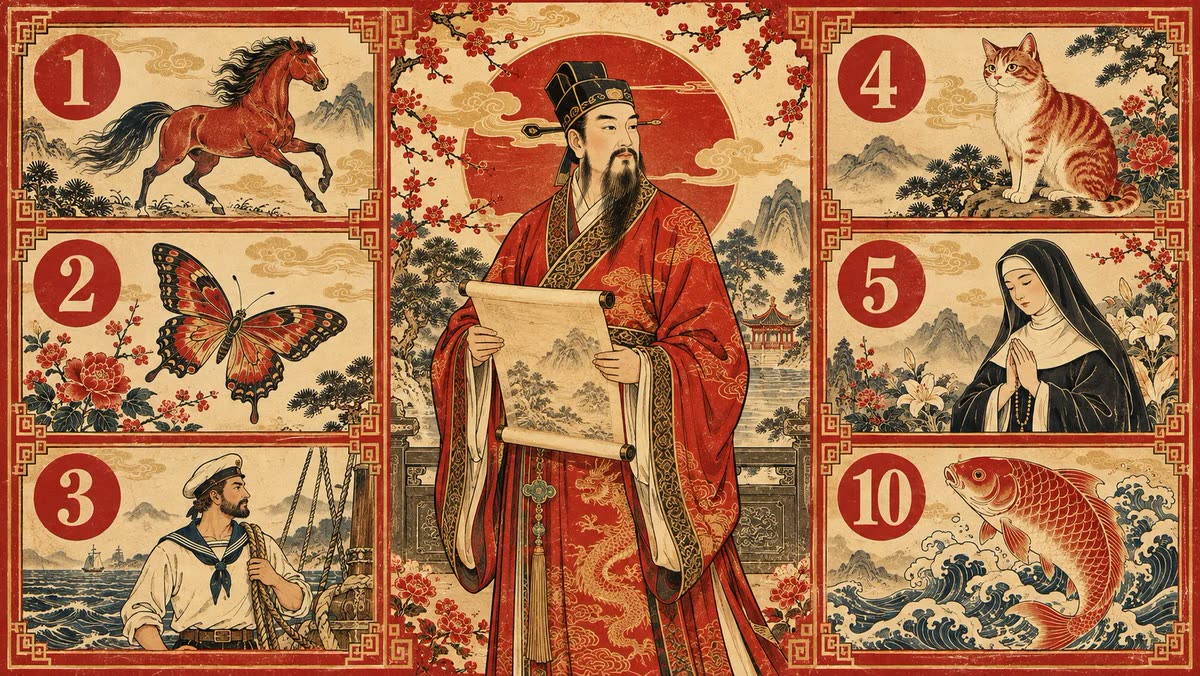 Ilustración de la charada cubana al estilo de una lámina china antigua: un personaje chino rodeado del caballo (1), la mariposa (2), el marinero (3), el gato (4), la monja (5) y el pescado grande (10)