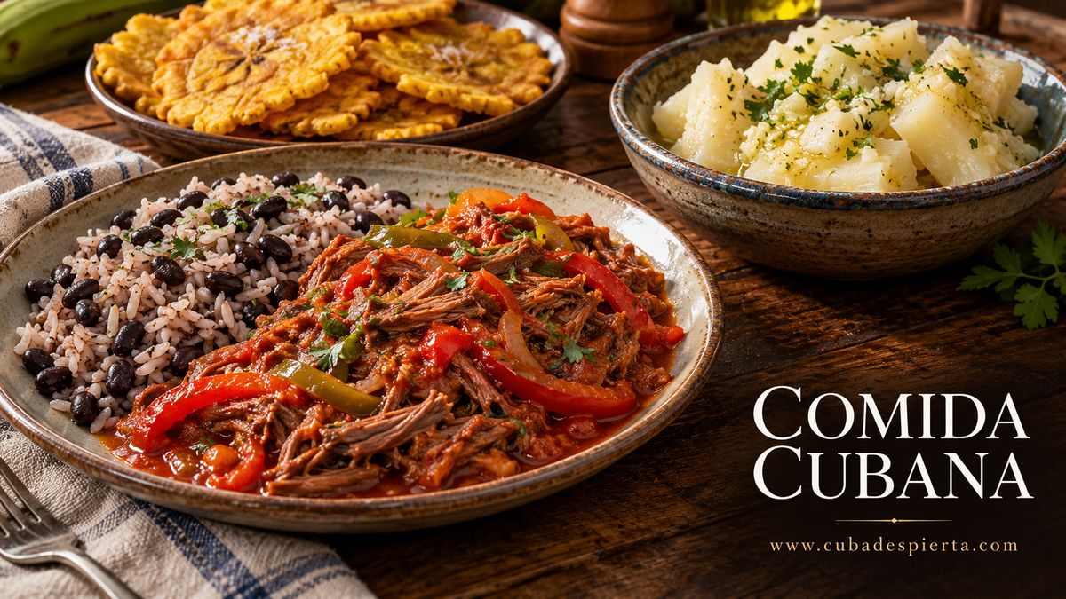 Mesa con platos típicos de la comida cubana: ropa vieja, congrí, tostones y yuca con mojo