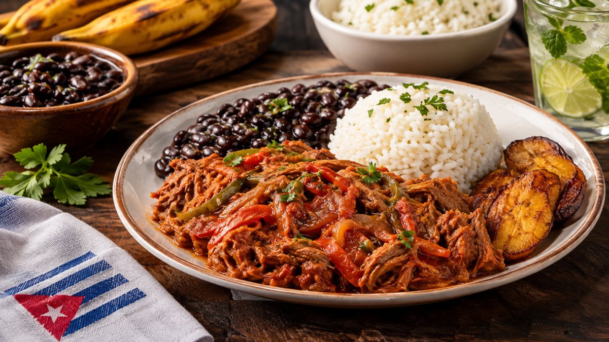 Plato cubano de ropa vieja con arroz blanco, frijoles negros y maduros fritos junto a un mojito y una bandera cubana