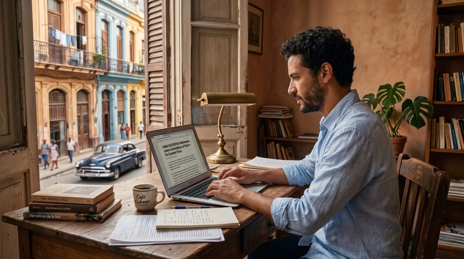 Un hombre navegando el sitio Cuba Despierta en su laptop, en un escritorio junto a una ventana con vista a una calle habanera con un auto clásico
