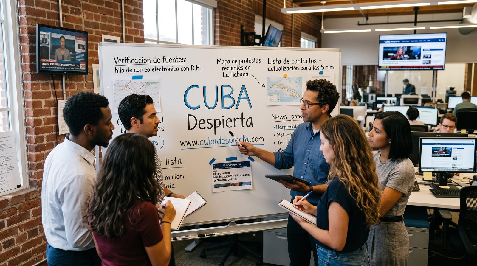 El equipo de redacción de Cuba Despierta en una reunión frente a una pizarra con notas sobre verificación de fuentes y contactos