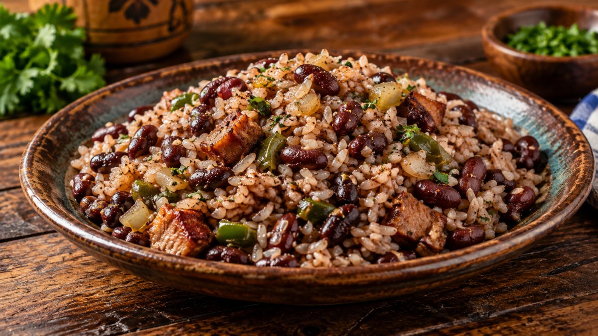 Cazuela de congrí cubano de arroz con frijoles colorados y trocitos de cerdo