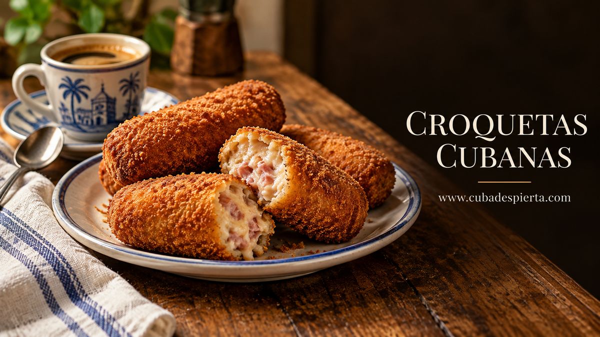 Croquetas cubanas de jamón doradas junto a una taza de café cubano