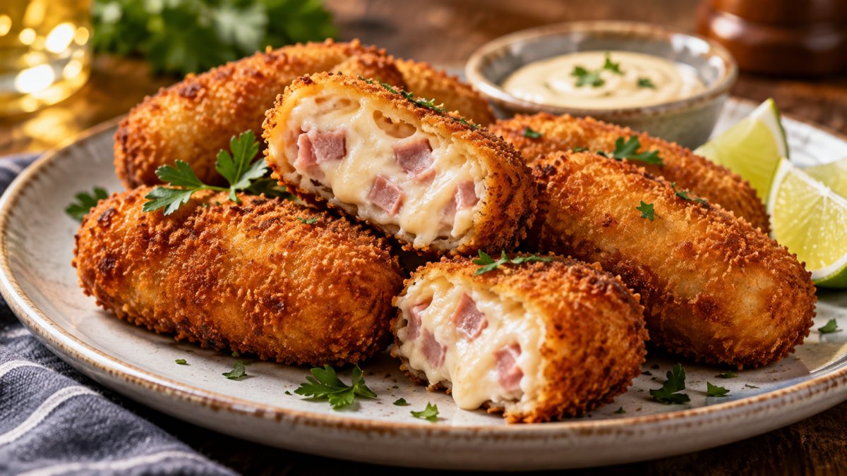 Croquetas cubanas doradas y crujientes, dos abiertas mostrando el relleno cremoso de jamón, con salsa y limón