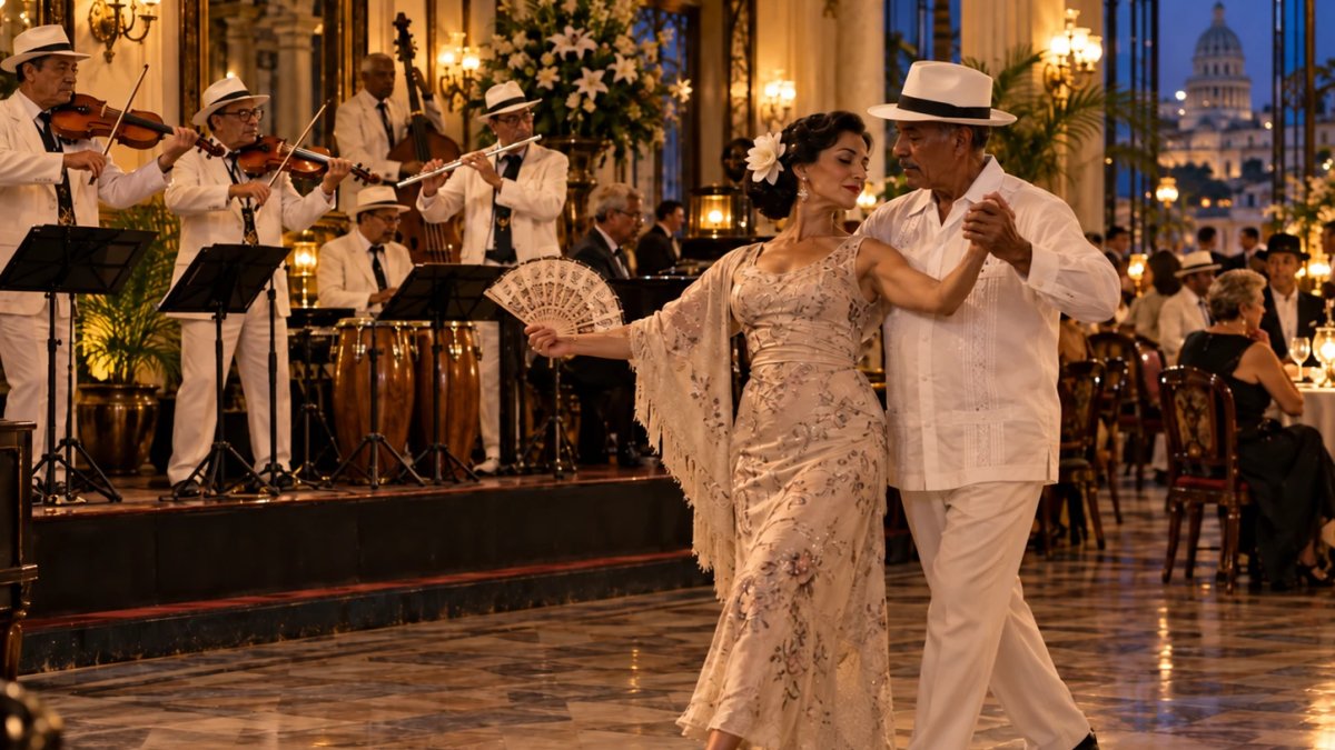 Pareja bailando danzón en un elegante salón de La Habana, él de guayabera y sombrero y ella con abanico, frente a una charanga con violines, flauta, contrabajo y timbales