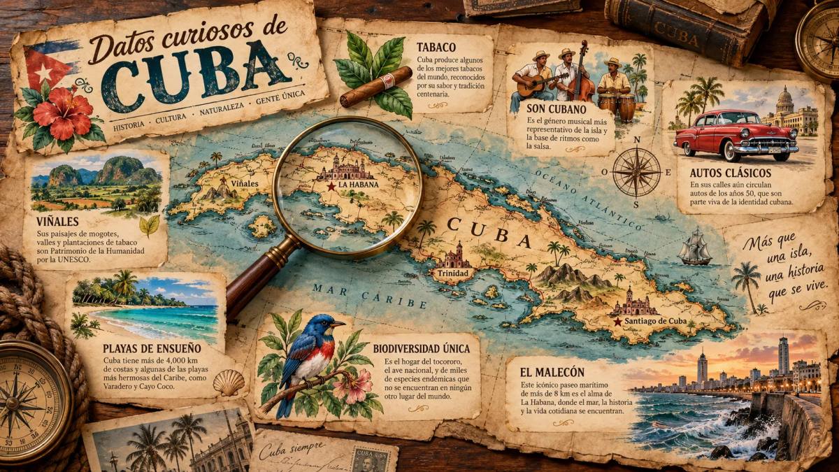 Mapa ilustrado de Cuba con una lupa sobre La Habana y recuadros de datos curiosos de Cuba sobre tabaco, son, Viñales y el Malecón