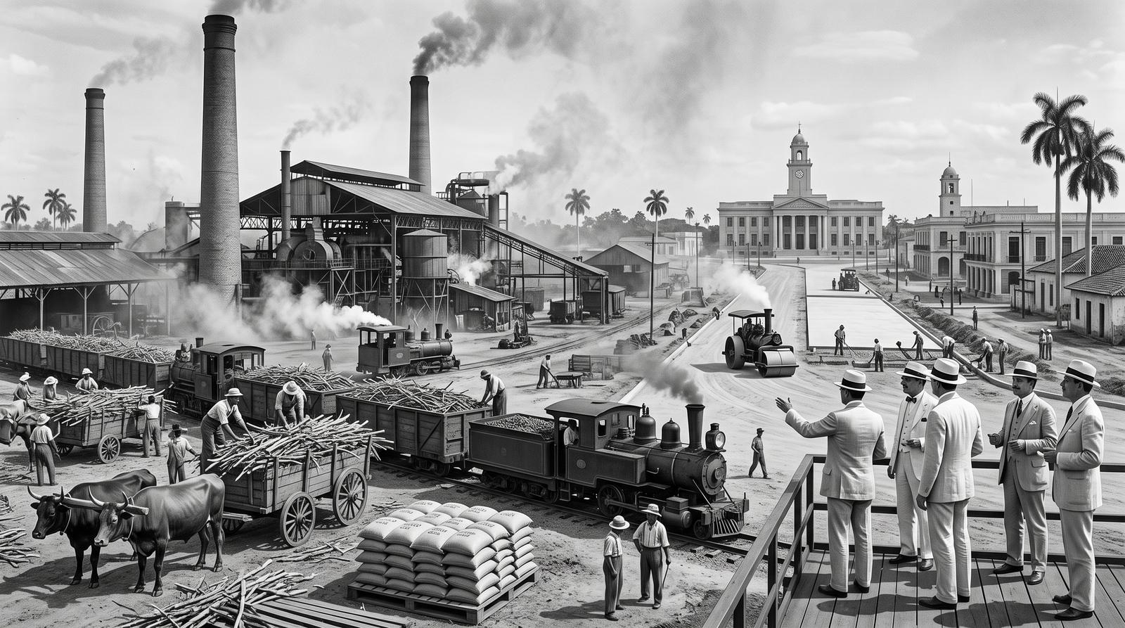 Un central azucarero cubano con su ferrocarril de caña y, al fondo, las obras de pavimentación de la Carretera Central durante la Danza de los Millones