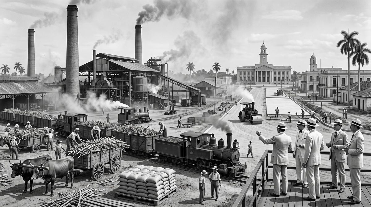 Un central azucarero cubano con su ferrocarril de caña y, al fondo, las obras de pavimentación de la Carretera Central durante la Danza de los Millones