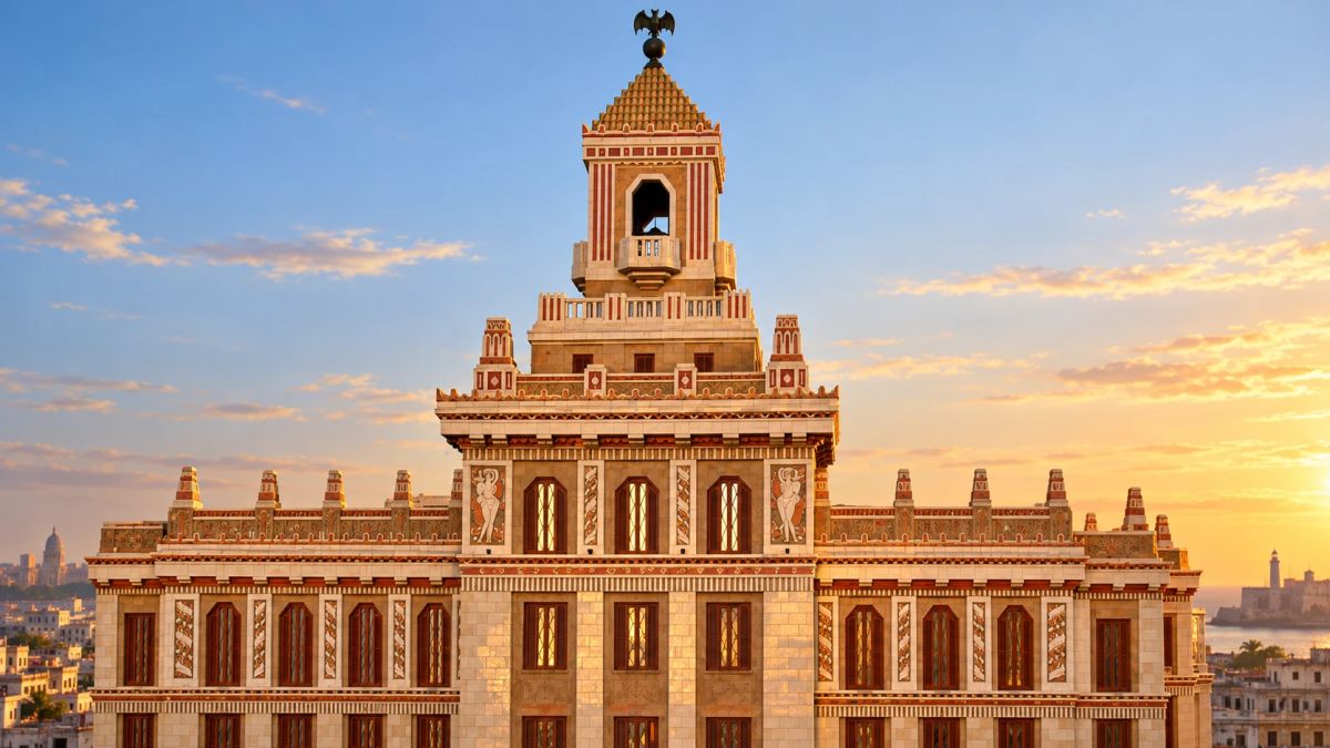 Torre escalonada del Edificio Bacardí de La Habana con su decoración art déco en terracota y el murciélago en la cúspide al atardecer
