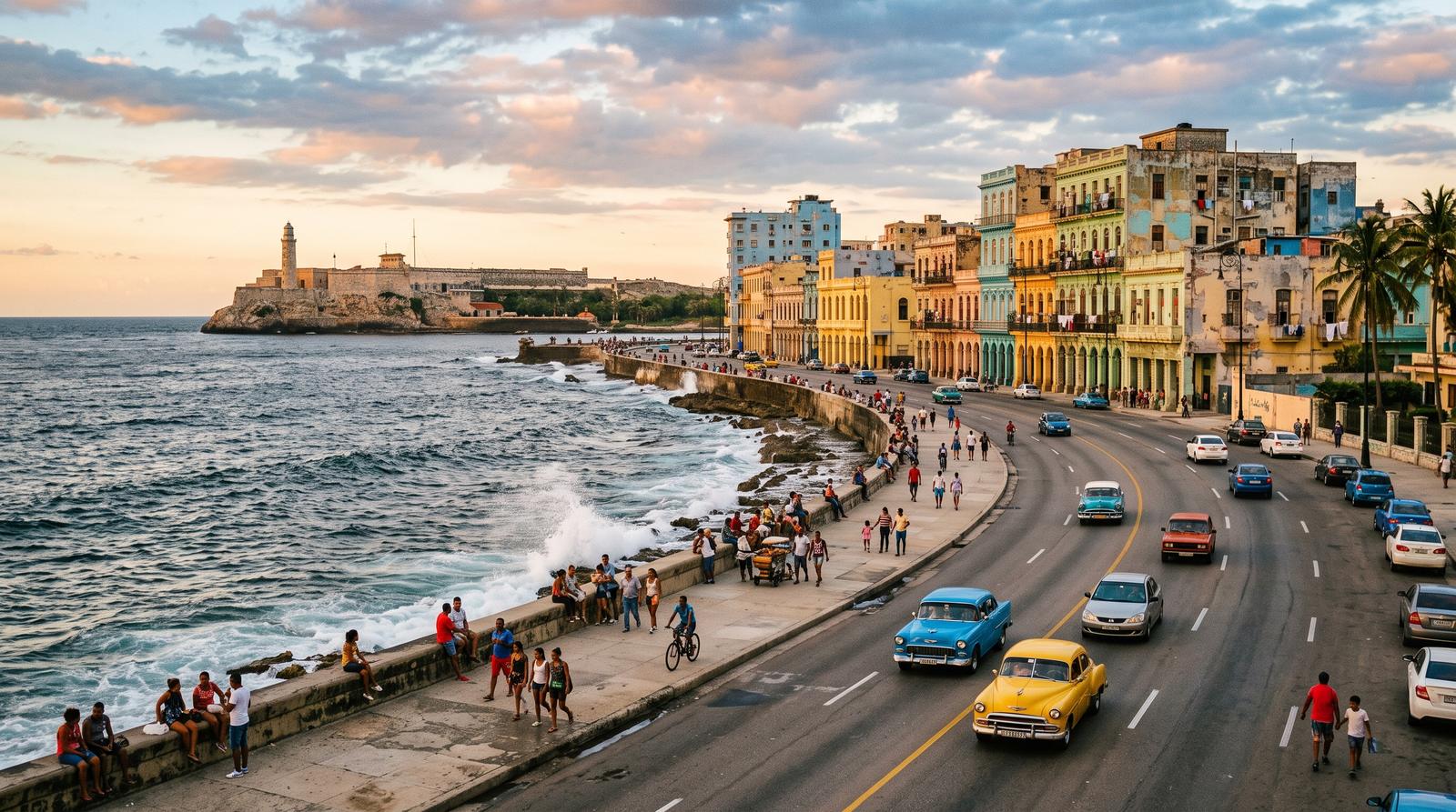Vista panorámica del Malecón de La Habana al atardecer, con el Castillo del Morro al fondo, autos clásicos, ciclistas y habaneros paseando junto al muro