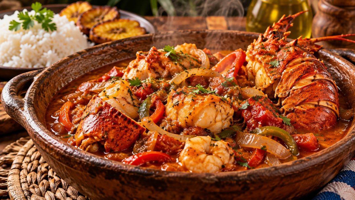 Cazuela de enchilado de langosta cubano en salsa criolla con pimientos, junto a arroz blanco y maduros