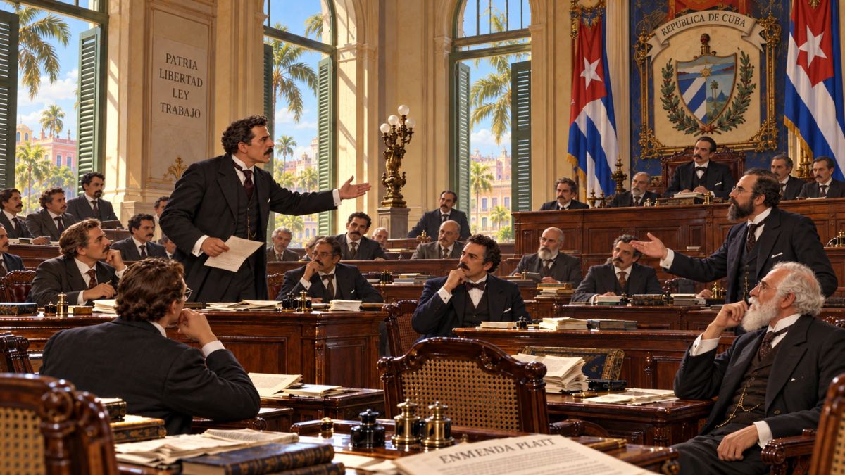Ilustración de los delegados de la Convención Constituyente cubana de 1901 debatiendo la Enmienda Platt en un salón con la bandera y el escudo de Cuba