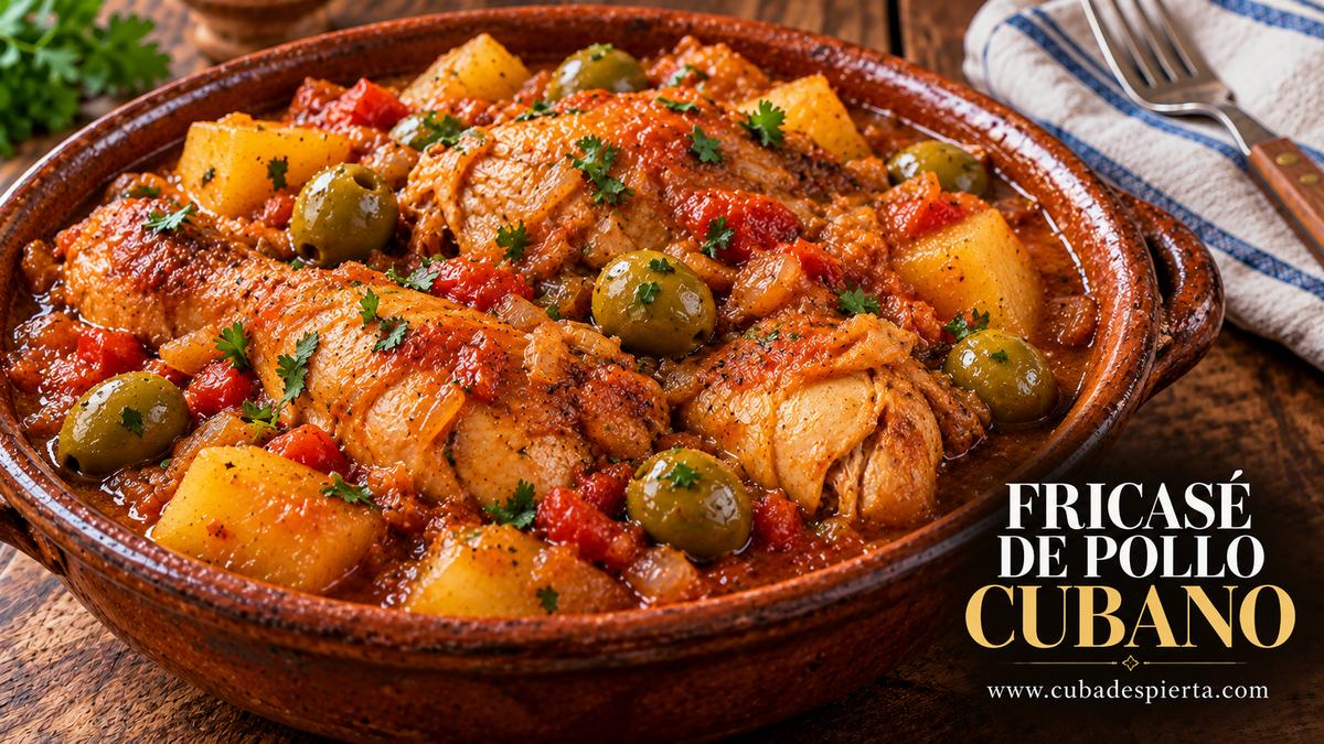 Fricasé de pollo cubano con papas y aceitunas en salsa de tomate
