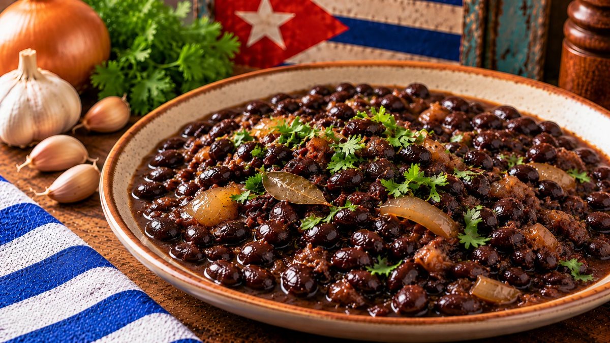 Plato hondo de frijoles negros cubanos espesos junto a arroz blanco y un trozo de pan