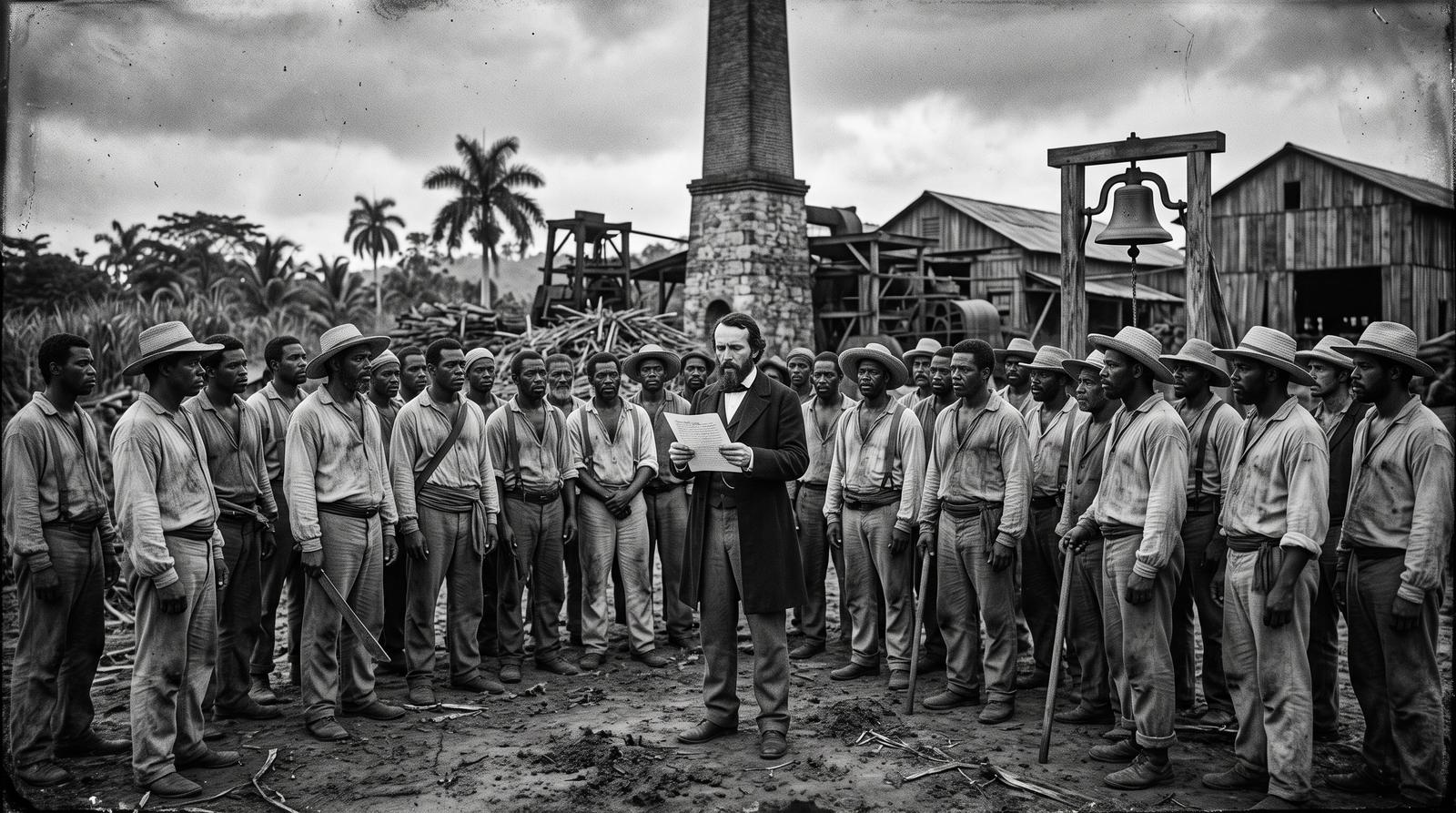 Carlos Manuel de Céspedes leyendo la proclama de libertad a los esclavos del ingenio La Demajagua durante el Grito de Yara