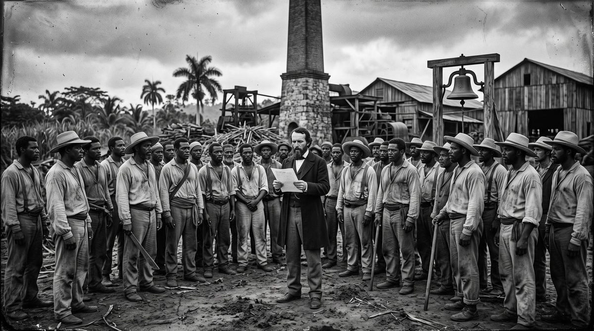 Carlos Manuel de Céspedes leyendo la proclama de libertad a los esclavos del ingenio La Demajagua durante el Grito de Yara