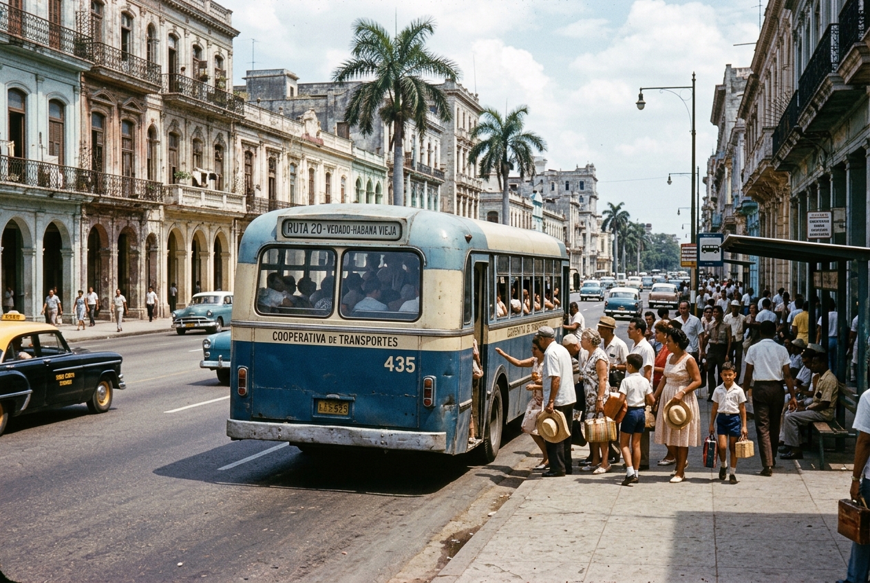 Autobús urbano tradicional ('guagua') con pasajeros en una avenida de La Habana