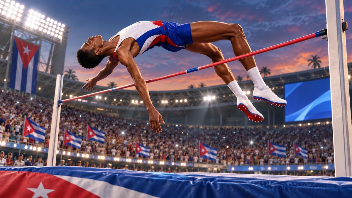 Ilustración de un saltador cubano superando el listón de espaldas con la técnica Fosbury en un estadio lleno de banderas de Cuba