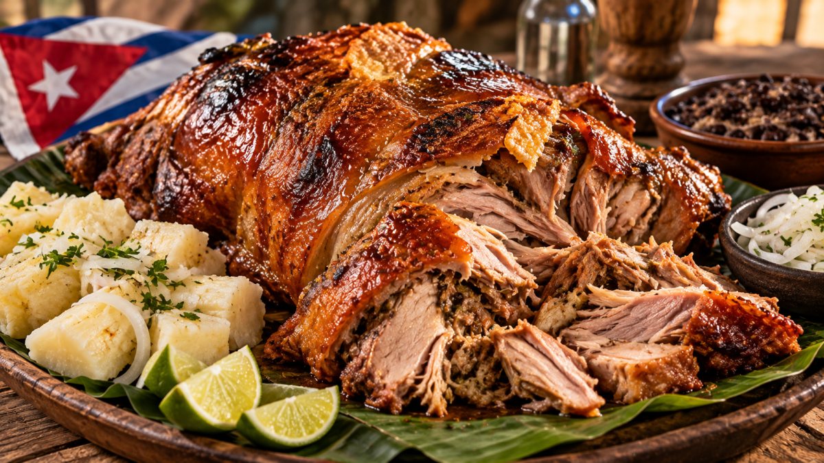 Lechón asado cubano de piel dorada y crujiente sobre hoja de plátano, con yuca, limón y una bandera cubana