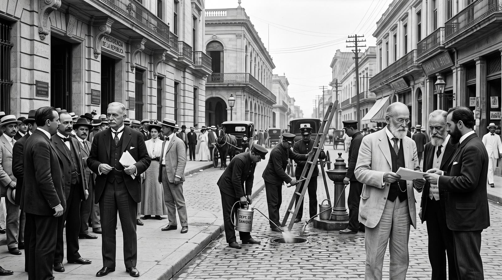 Brigada sanitaria fumigando una alcantarilla frente a la Presidencia de la República en La Habana, durante la campaña contra la fiebre amarilla de Carlos J. Finlay