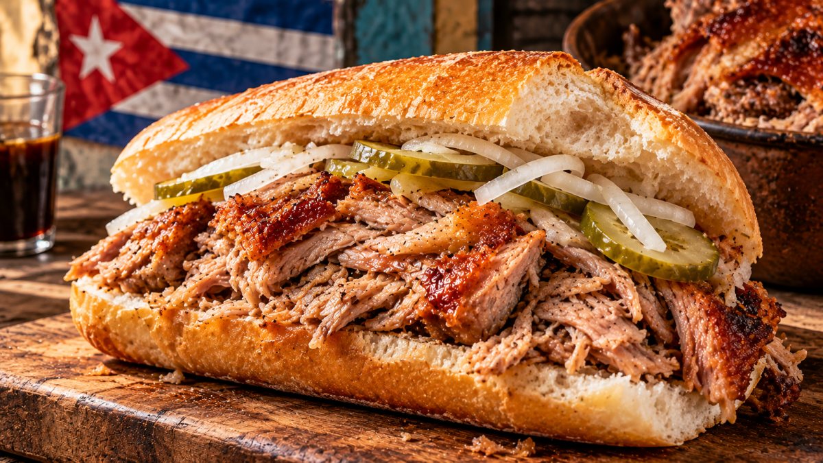 Pan con lechón cubano relleno de cerdo asado desmechado con cebolla y pepinillos