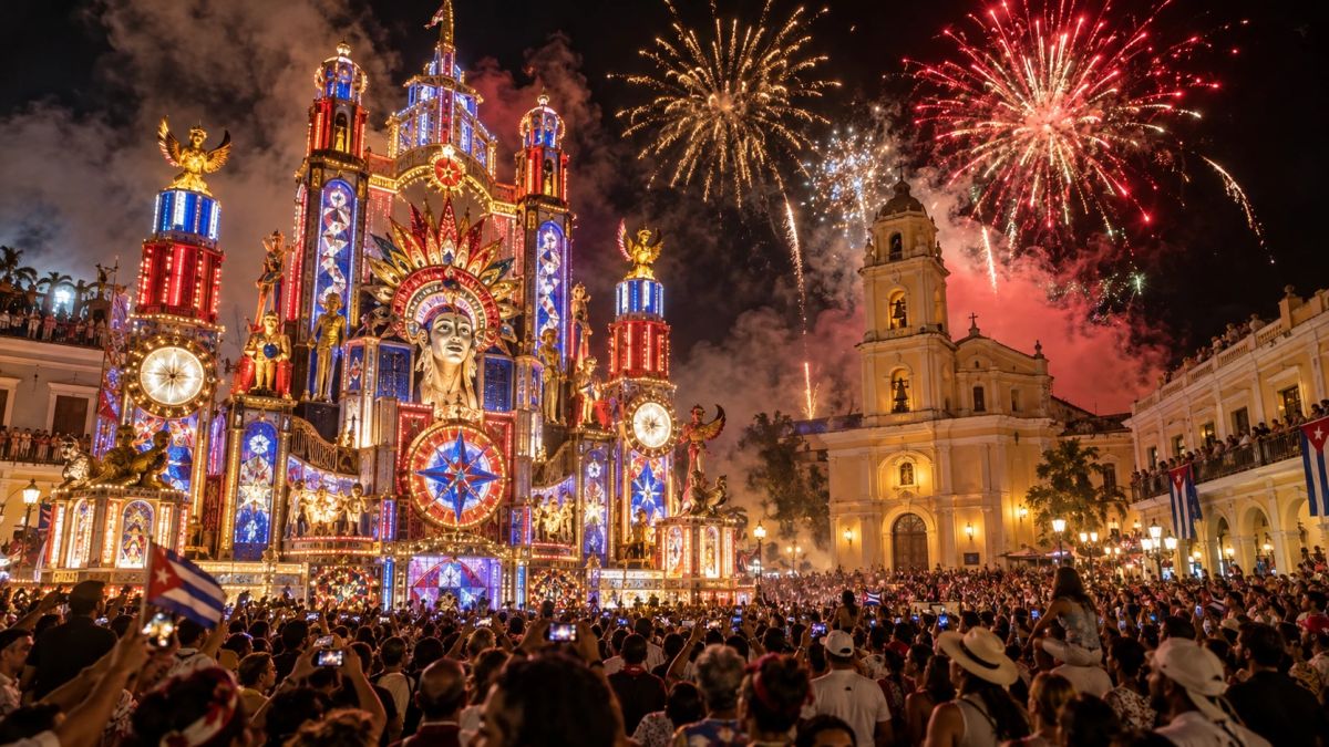Trabajo de plaza iluminado y fuegos artificiales frente a la iglesia durante las parrandas de Remedios