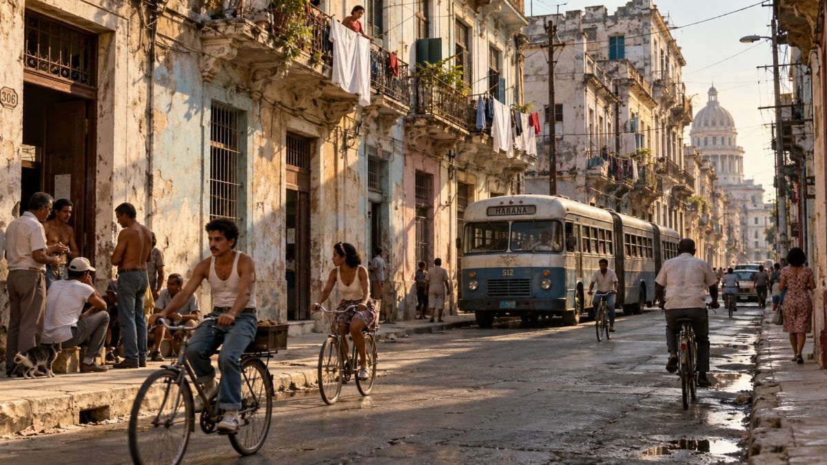 Ilustración de una calle de La Habana en los años 90 con ciclistas, un ómnibus articulado, ropa tendida en balcones deteriorados y el Capitolio al fondo durante el Período Especial en Cuba