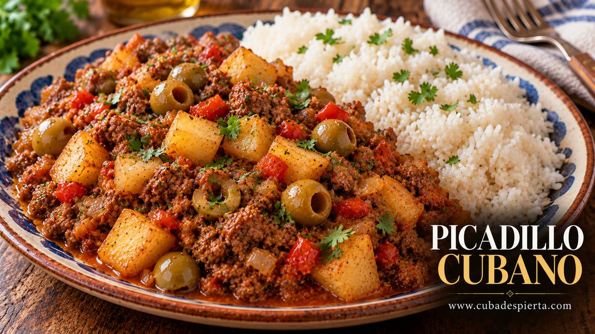 Picadillo cubano con aceitunas y papitas fritas junto a arroz blanco