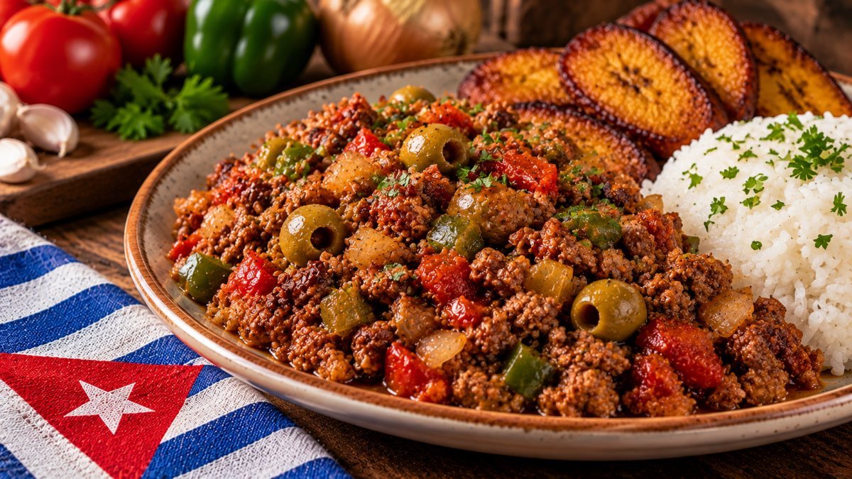 Plato de picadillo cubano con aceitunas y pimientos, arroz blanco y plátanos maduros fritos