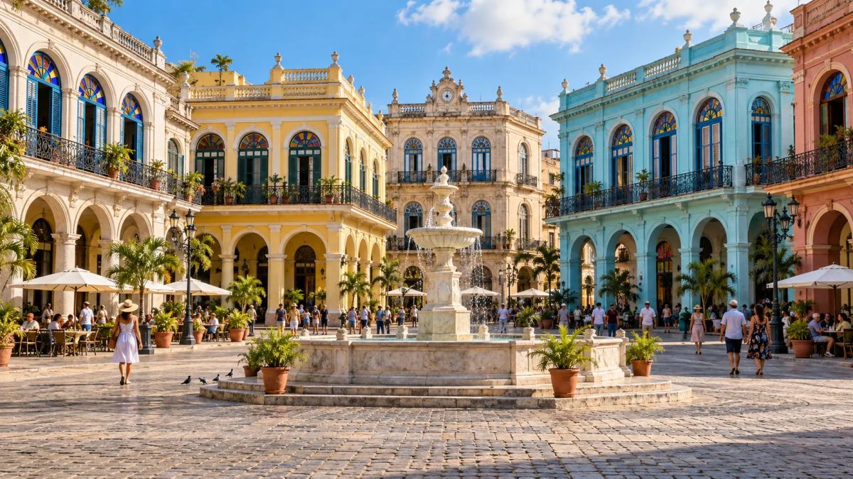 Plaza Vieja de La Habana restaurada, con su fuente de mármol en el centro y edificios coloniales de colores con vitrales y balcones