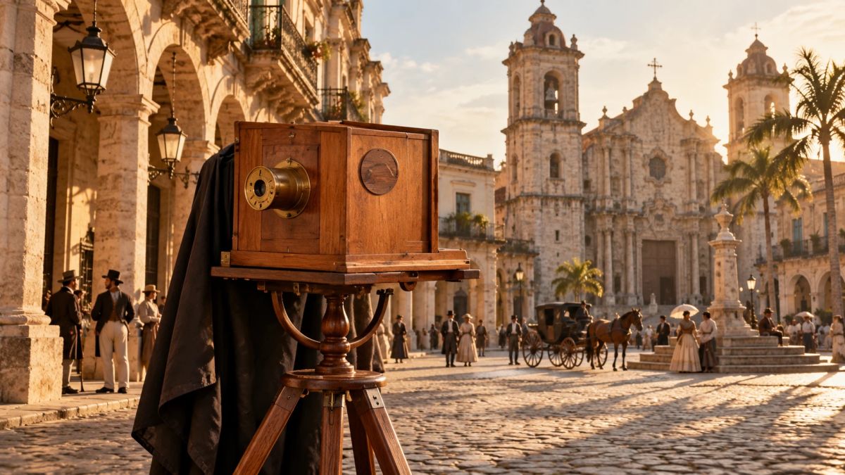 Ilustración de una cámara de cajón de madera tipo daguerrotipo sobre un trípode en una plaza colonial de La Habana del siglo XIX