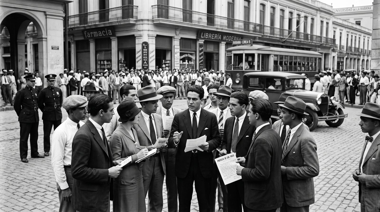 Estudiantes universitarios leyendo el manifiesto de la Protesta de los Trece en una calle de La Habana de los años 30, cerca de la Universidad de La Habana, con un tranvía y agentes de policía observando