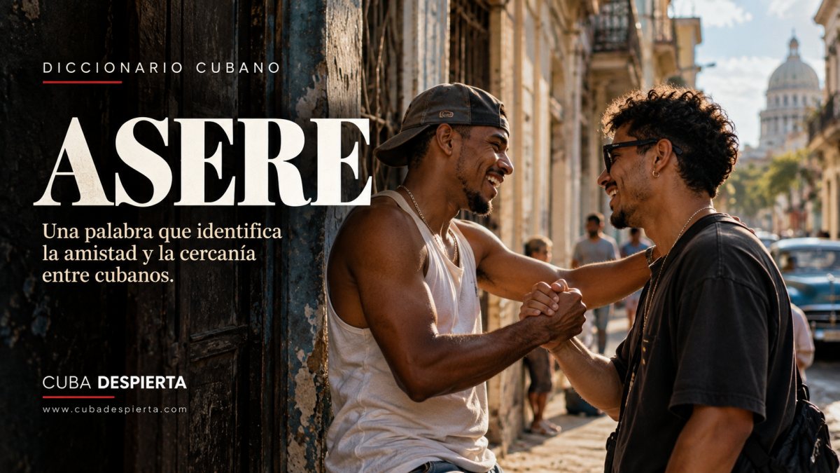 Dos amigos se dan la mano y ríen en una calle de La Habana Vieja con el Capitolio al fondo, imagen que ilustra qué significa asere
