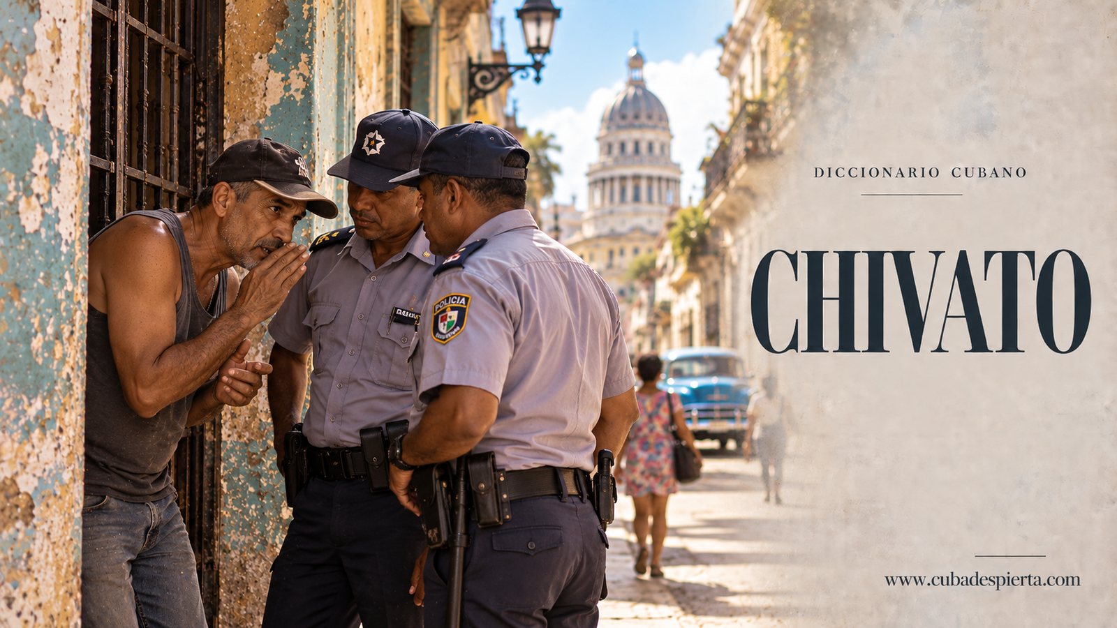 Hombre le susurra algo a dos policías en una calle de La Habana, imagen que ilustra qué significa chivato
