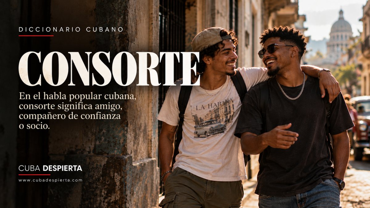 Dos amigos caminan abrazados y sonrientes por una calle de La Habana Vieja, imagen que ilustra qué significa consorte en Cuba