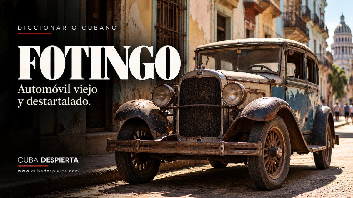 Ford antiguo oxidado, con restos de pintura azul, estacionado en una calle de La Habana Vieja con el Capitolio al fondo, imagen que ilustra qué significa fotingo