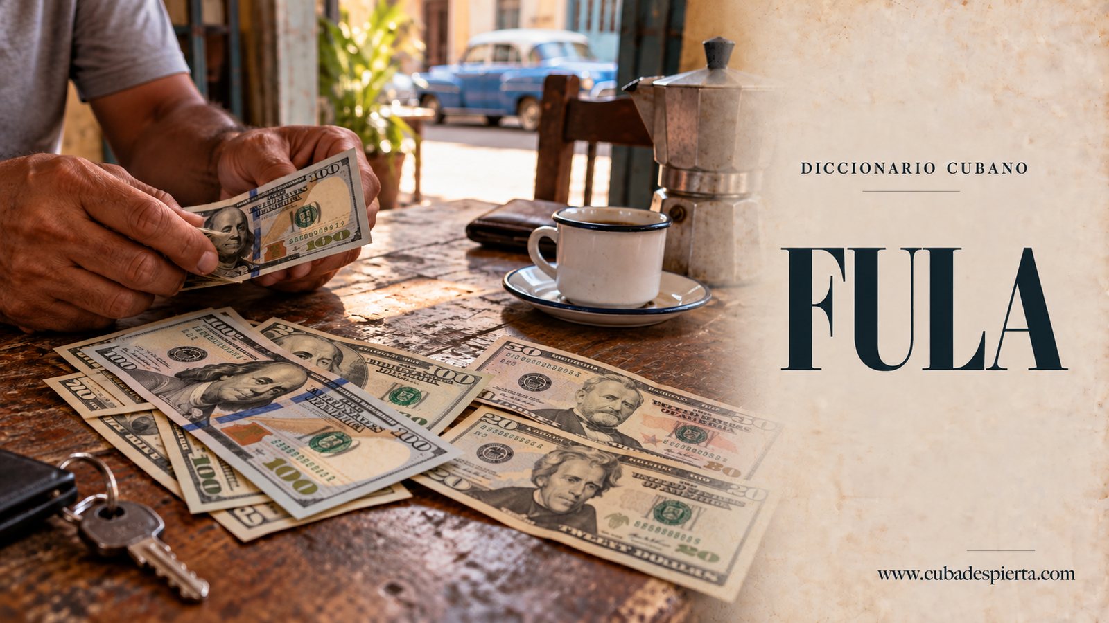 Manos contando billetes de dólar sobre una mesa junto a una taza de café cubano, imagen que ilustra qué significa fula