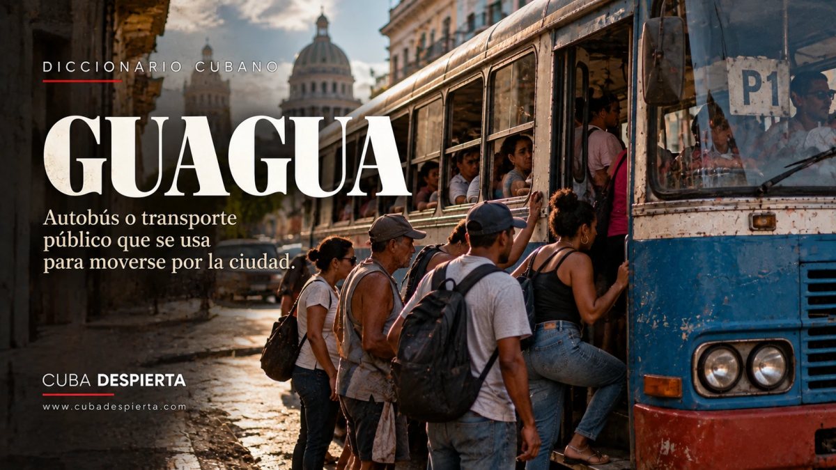 Pasajeros suben a una guagua azul y llena de la ruta P1 en una calle de La Habana con el Capitolio al fondo, imagen que ilustra qué significa guagua