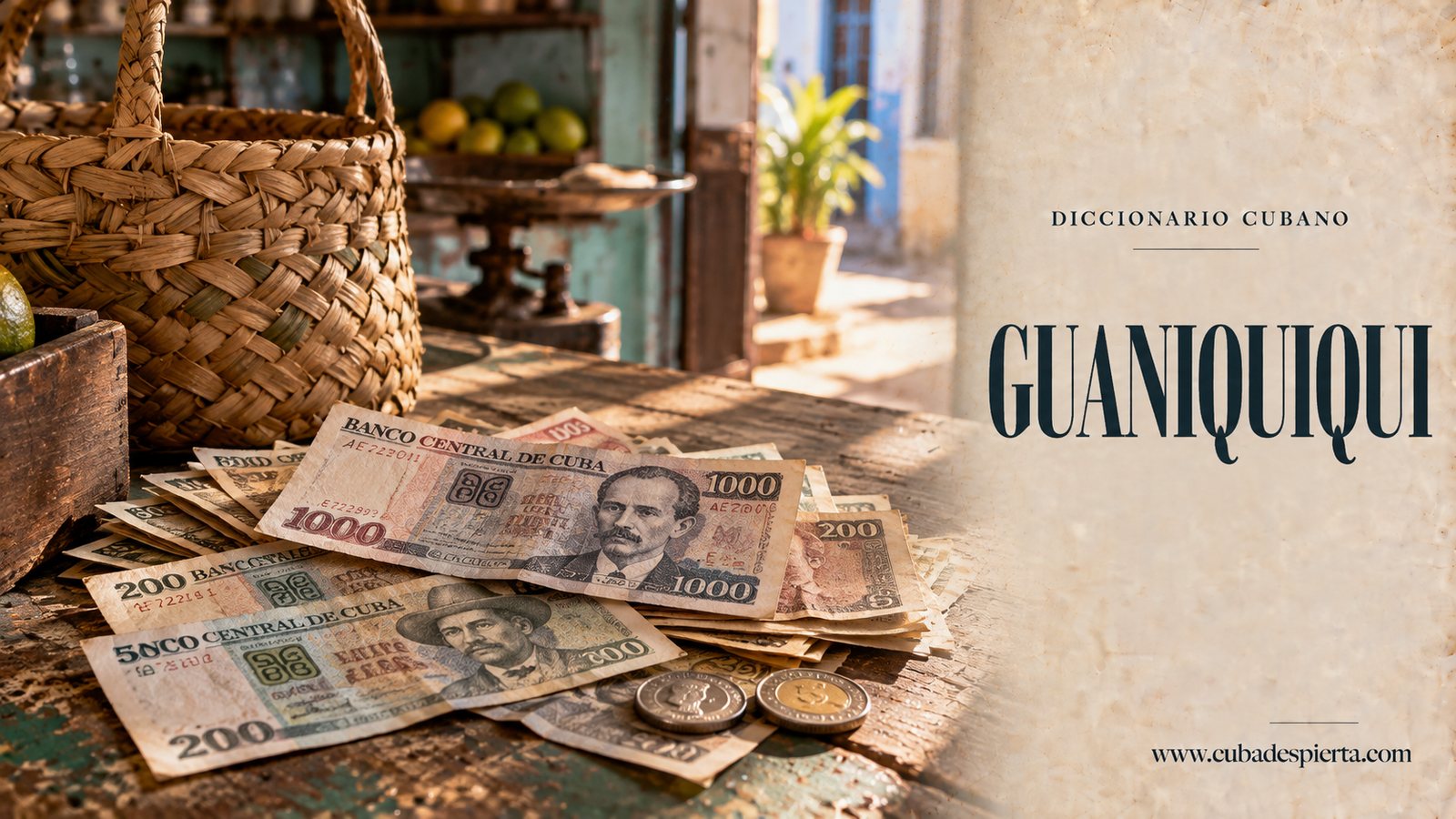 Billetes de pesos cubanos y monedas sobre una mesa de madera junto a una canasta tejida, imagen que ilustra qué significa guaniquiqui