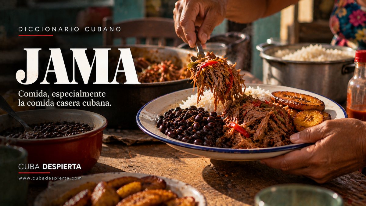Manos sirven un plato de arroz, frijoles negros, ropa vieja y plátanos maduros fritos en una cocina cubana, imagen que ilustra qué significa jama
