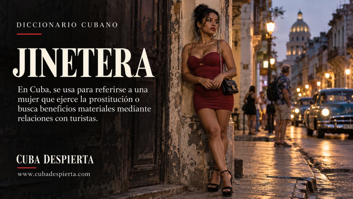 Mujer con vestido rojo espera recostada en una esquina de La Habana Vieja de noche mientras pasan turistas, imagen que ilustra qué significa jinetera