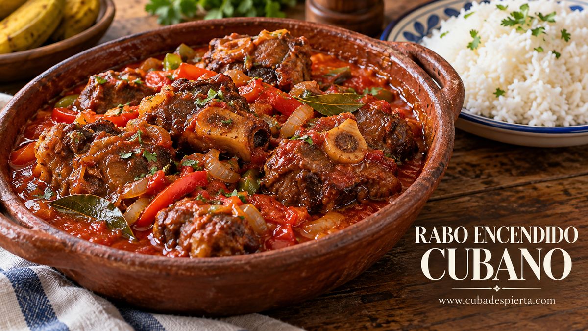 Cazuela de rabo encendido cubano en salsa de tomate con arroz blanco